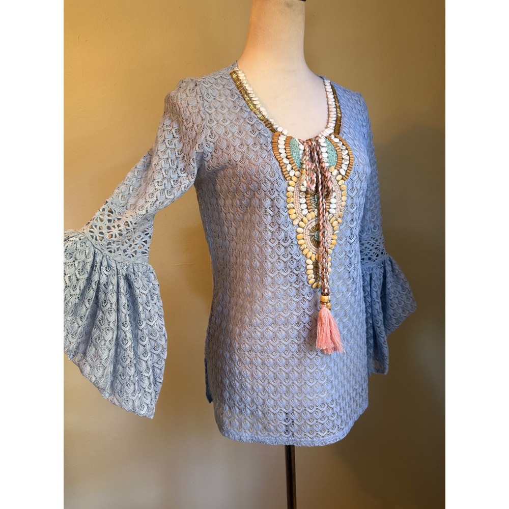 La Bellum Hillary Scott Blue Lace Beaded Tassel Bell Sleeve Tunic Top XS boho y